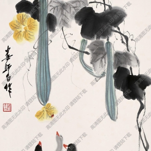 婁師白國(guó)畫(huà) 雛鴨絲瓜 高清大圖下載