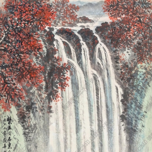 岑學(xué)恭國(guó)畫 秋山飛瀑圖 高清大圖下載